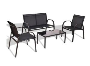 Black 4-Piece Metal Patio Conversation Set with Glass Top Coffee Table