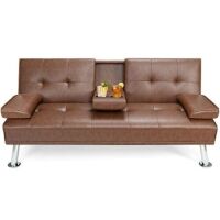 Convertible Folding Futon Sofa Bed Leather w/Cup Holders & Armrests