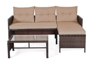 3-Pieces Rattan Wicker Outdoor Patio Sofa Set with Cushions Beige