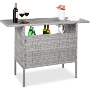 Outdoor Wicker Bar Counter Table w/ 2 Steel Shelves, 2 Rails 