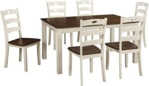7-Piece Dining Room Table Set with Brown Tabletops and Contoured Stool Seats with Legs in White