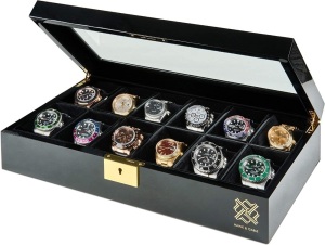 HAWK & GABLE Luxury 12 Slot Watch Box Organizer, Glass Display and Metal Lock