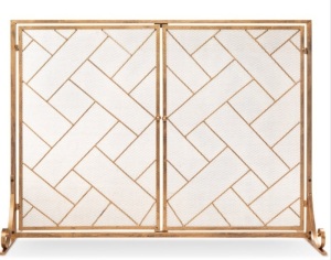 2-Panel Wrought Iron Geometric Fireplace Screen w/ Magnetic Doors - 44x33in, Gold, Appears New/Damaged Box