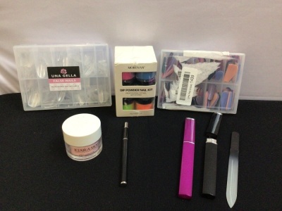 Bundle of Nail Supplies - 2 Cases of Nail Tips, Box of Nail Dips, 1 Container of Dip Powder & Brush, 2 Nail Files
