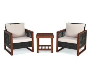 3PCS Patio Wicker Furniture Set Solid Wood Frame 