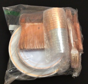 Pack of Rose Gold Party Dinnerware-Plates, Cups & Utensils