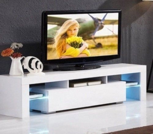 Entertainment Center with LED Shelf and Drawers, White
