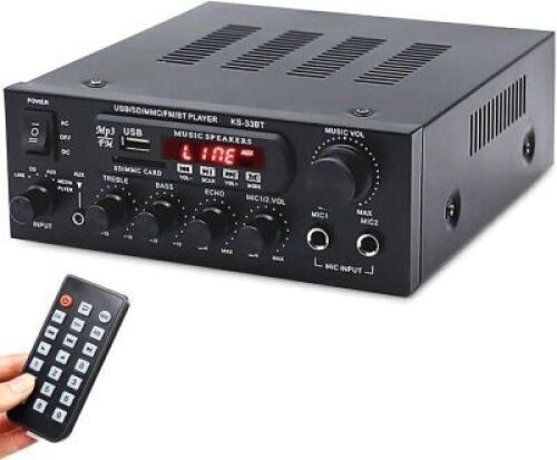 Facmogu KS-33BT 500W+500W 2CH Bluetooth Power Amplifier, 2 Mic Input Digital Audio Player Home Stereo HIFI USB Memory Card Aux FM AMP 110V 