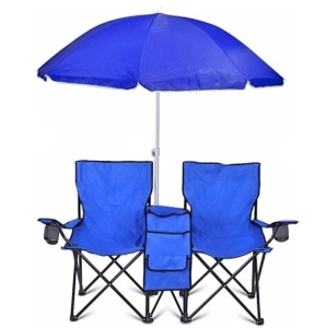 GoTeam Portable Double Folding Chair w/Removable Umbrella, Cooler Bag and Carry Case - Blue