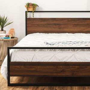 Metal Wood Platform Queen Bed Frame w/ Wooden Slats