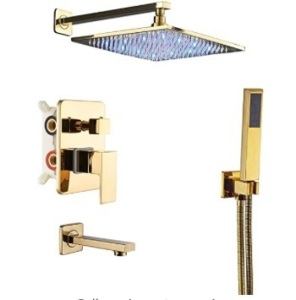 Rozin 3-Way Diverter Shower Kit, LED Light 12" Rain Showerhead, Tub Tap, Handheld Spray, Gold Polished