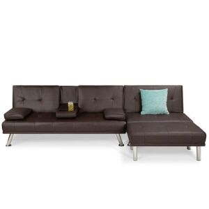 3-Piece Modular Modern Furniture Set w/ Convertible Double Futon, Single-Seat, Footstool - Brown