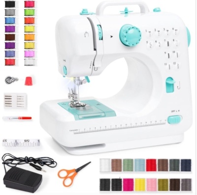 6V Portable Foot Pedal Sewing Machine w/ 12 Stitch Patterns, Teal/White