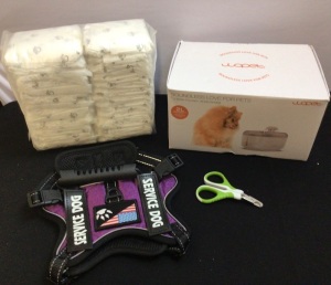 Bundle of Dog Supplies-Nail Scissors, Service Dog Harness(XS), Male Dog Wraps(XS), Water Fountain(Powers Up)