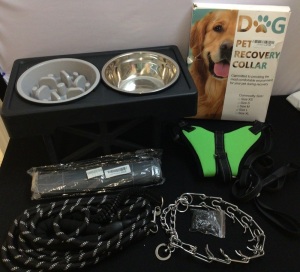 Bundle of Dog Supplies-Water/Food Bowl Stand, Recovery Collar(L), Training Collar, Feeding Mat, Leash, Harness(XL)