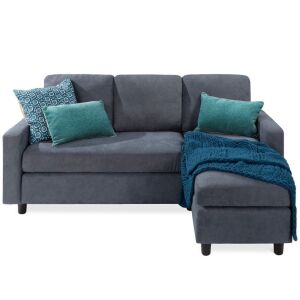 Linen Sectional Sofa Couch w/ Chaise Lounge, Reversible Ottoman Bench - Side Arm Needs Cleaned