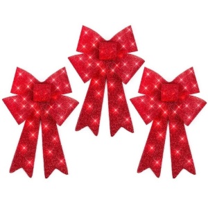 Pre-Lit Red Christmas Bow Decoration Set of 3, Indoor/Outdoor LED Holiday Decor w/ 8 Light Modes
