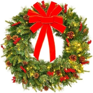 Pre-Lit Battery Powered Christmas Wreath w/ Lights, PVC Tips, Ribbon, 24in