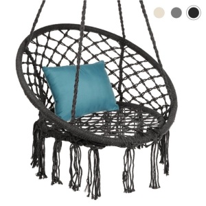 Handwoven Cotton Macramé Hammock Hanging Chair Swing for Indoor & Outdoor Use w/Backrest, Fringe Tassels, 265 Pound Capacity