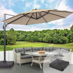 Sonkuki 11 ft. Round Aluminum 360-Degree Rotation Cantilever Offset Outdoor Patio Umbrella with a Base in Sand