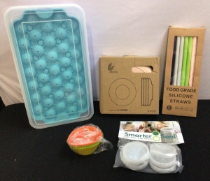 Bundle of Kitchen Items-2 Ice Cube Trays, 6pk Dessert Plates, Silicone Straws, 6pk Silicone Baking Cups, 6pk Silicone Can Seals