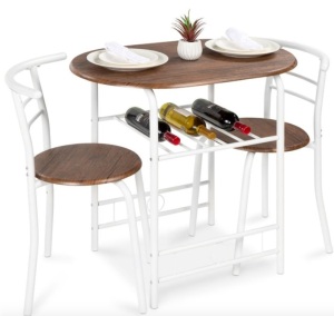 3-Piece Wooden Table & Chairs Dining Set w/ Lower Storage Shelf, White/Brown, Missing Hardware