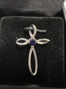 0.30cttw Round Cut Sapphire on Sterling Silver Cross Pendant