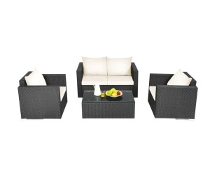 Lot of (2) Black 4-Piece Wicker Patio Conversation Set - One White, One Red Cushions - Extra 1/2 Box for White Set 