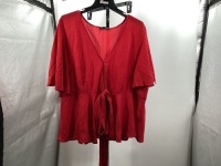 Wrap Belted V-Neck Blouse, Red, Ladies 3XL