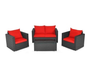 Black 4-Piece Wicker Patio Conversation Set with Red Cushions