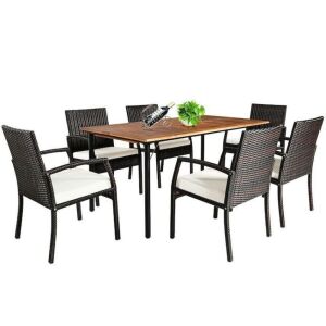 7-Piece Rattan Wicker Patio Cushioned Outdoor Dining Set with White Cushion, Umbrella Hole