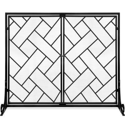 2-Panel Wrought Iron Geometric Fireplace Screen w/ Magnetic Doors