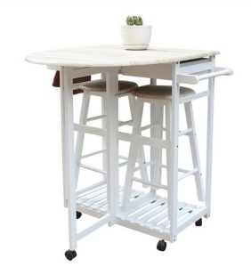 Foldable Kitchen Cart With Round Stools, White