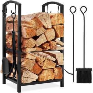 5-Piece Firewood Log Rack Holder Tools Set w/ Hook, Broom, Shovel, Tongs