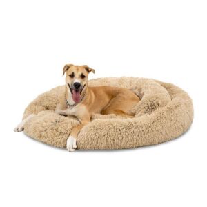 45" Self-Warming Shag Fur Calming Pet Bed w/ Water-Resistant Lining - Brown 