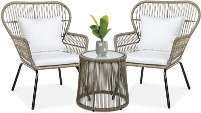 3-Piece Patio Wicker Conversation Bistro Set w/ 2 Chairs, Glass Top Table 