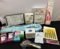 Bundle of Beauty Supplies -Makeup Bag, Mirror Fan, Moisturizing Socks, Tweezer Set, Scalp Brush, Heatless Curls Maker, Bra Strap Clips, 3 Pks Tattoo Lipsticks, Clay Mask Stick, Thinning Shears