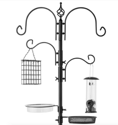 4-Hook Bird Feeding Station, Steel Feeder Stand w/ 2 Bird Feeders - 91in, Black, Missing 1 Hook