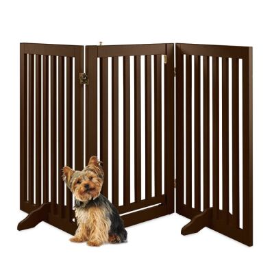 31.5in 3-Panel Freestanding Wooden Pet Gate w/ Door, Support Feet 