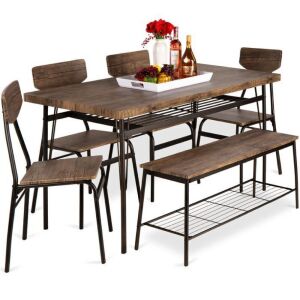 6-Piece Modern Dining Set w/ Storage Racks, Table, Bench, 4 Chairs - 55in 