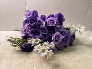 Lot of Artificial Flowers, 2 White, 1 Lavender, 7 Purple Rose Bundles