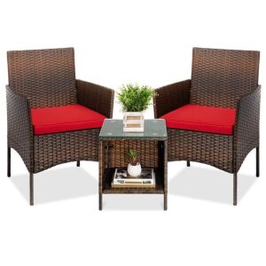 3-Piece Outdoor Patio Wicker Bistro Set w/ Side Storage Table 