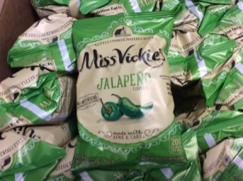 Lot of (6) Cases of Miss Vickie's Jalapeno Flavored Kettle Cooked Potato Chips, 64/1.375 oz Bags/Case, Best By April 2021 - New