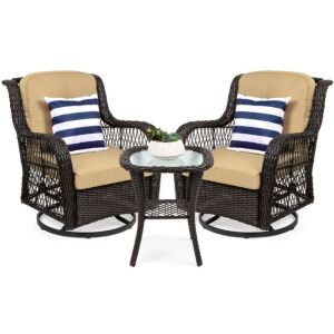 3-Piece Patio Wicker Bistro Furniture Set w/ 2 Swivel Rocking Chairs, Table