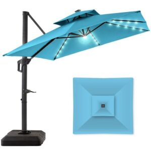 2-Tier Square LED Cantilever Offset Umbrella w/ 360 Rotation, Base - 10x10ft