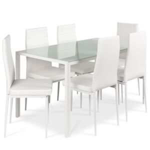 7-Piece Modern Dining Room Table Set, Home Furniture w/ 6 Cushioned Chairs, Glass Tabletop - White