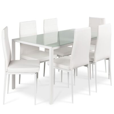 7-Piece Modern Dining Room Table Set, Home Furniture w/ 6 Cushioned Chairs, Glass Tabletop - White