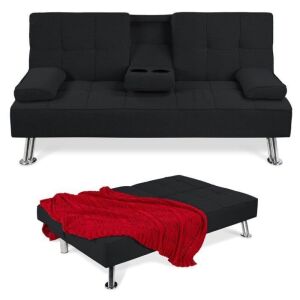 Linen Upholstered Convertible Sofa Bed Futon w/ 2 Cupholders 
