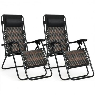 2 Piece Folding Patio Rattan Zero Gravity Lounge Chair-Coffee 