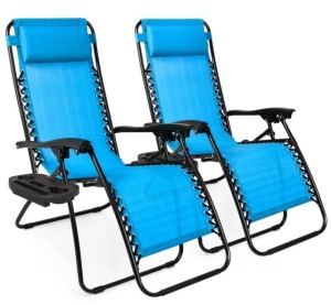 Set of 2 Adjustable Zero Gravity Patio Chair Recliners w/ Cup Holders, Aqua Blue